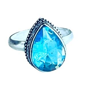 New 925 Sterling Silver London Blue Aquamarine Artisten OOAK Water Drop Ring